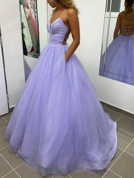 Purple V Neck Tulle Long Backless Prom Dresses, Purple V Neck Tulle Long Backless Formal Evening Dresses