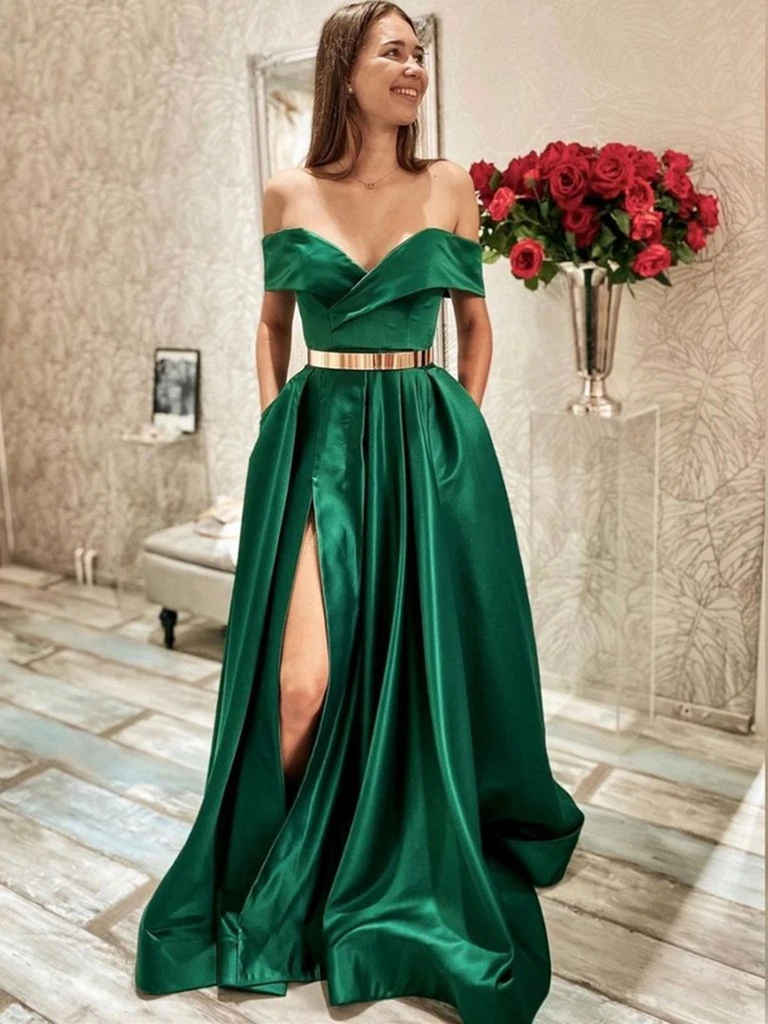 Off the Shoulder Green Satin Long Prom Dresses with Leg Slit, Off Shoulder Long Green Satin Formal Evening Dresses