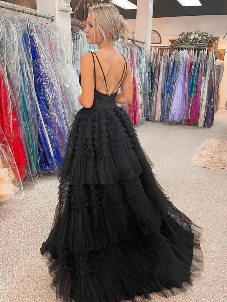 V Neck Backless High Low Beaded Black Lace Long Prom Dresses, Backless morievent V Neck Backless High Low Beaded Black Lace Long Prom Dresses, Backless morievent