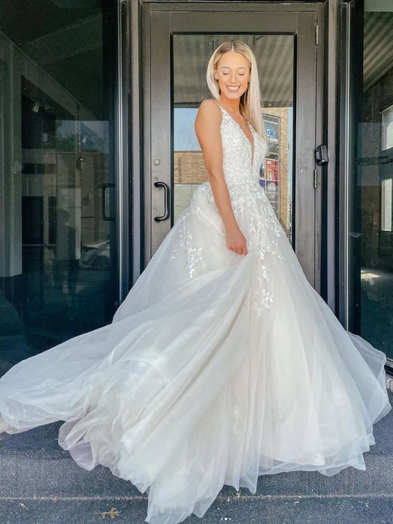 V Neck Ivory Lace Floral Long Prom Dresses with Train, Ivory Lace Wedd morievent V Neck Ivory Lace Floral Long Prom Dresses with Train, Ivory Lace Wedd morievent