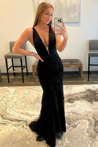 V Neck Mermaid Black Lace Long Prom Dresses, Mermaid Black Formal Dresses, Black Lace Evening Dresses