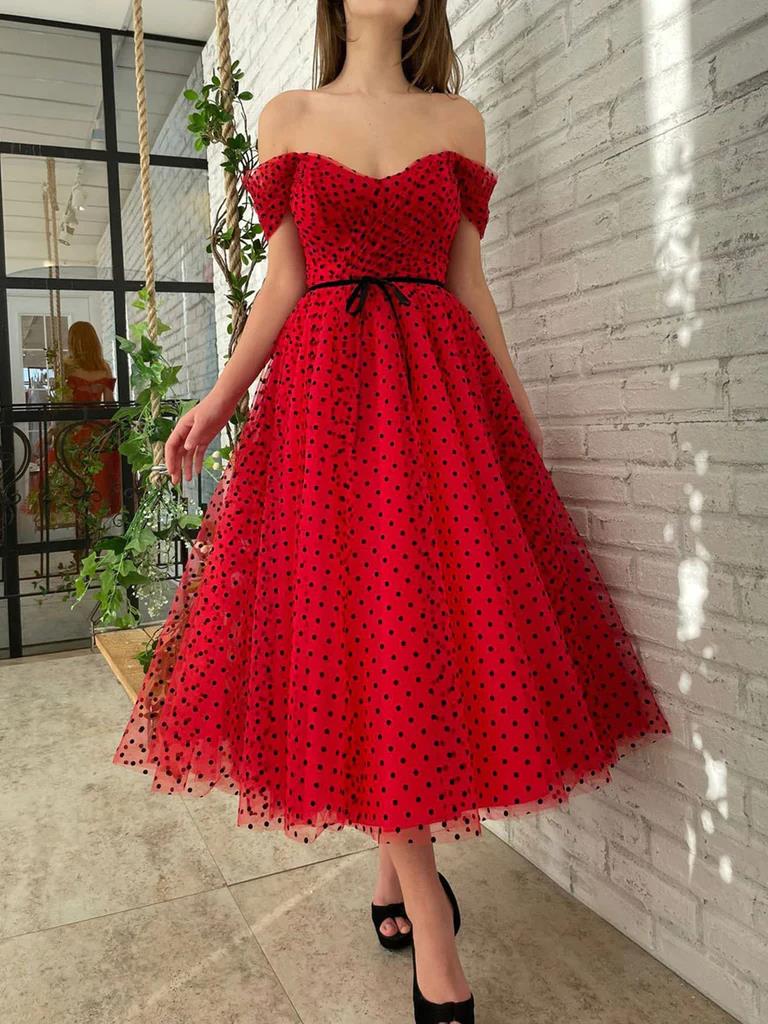 Off the Shoulder Tea Length Red Tulle Prom Dresses, Red Tea Length For morievent Off the Shoulder Tea Length Red Tulle Prom Dresses, Red Tea Length For morievent
