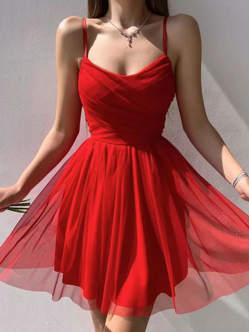 Simple Red Short Tulle Prom Dresses, Simple Red Short Tulle Formal Evening Dresses