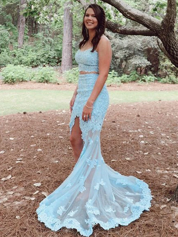 Mermaid Two Pieces Light Blue Lace Long Prom Dresses, Mermaid Lace Formal Dresses, Light Blue Lace Evening Dresses