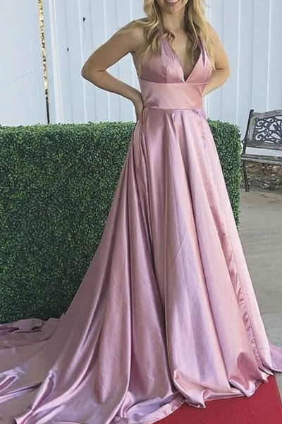 Straps V Neck Sky Blue/Pink  Prom Dress with Slit， Open Back Formal Evening Gown