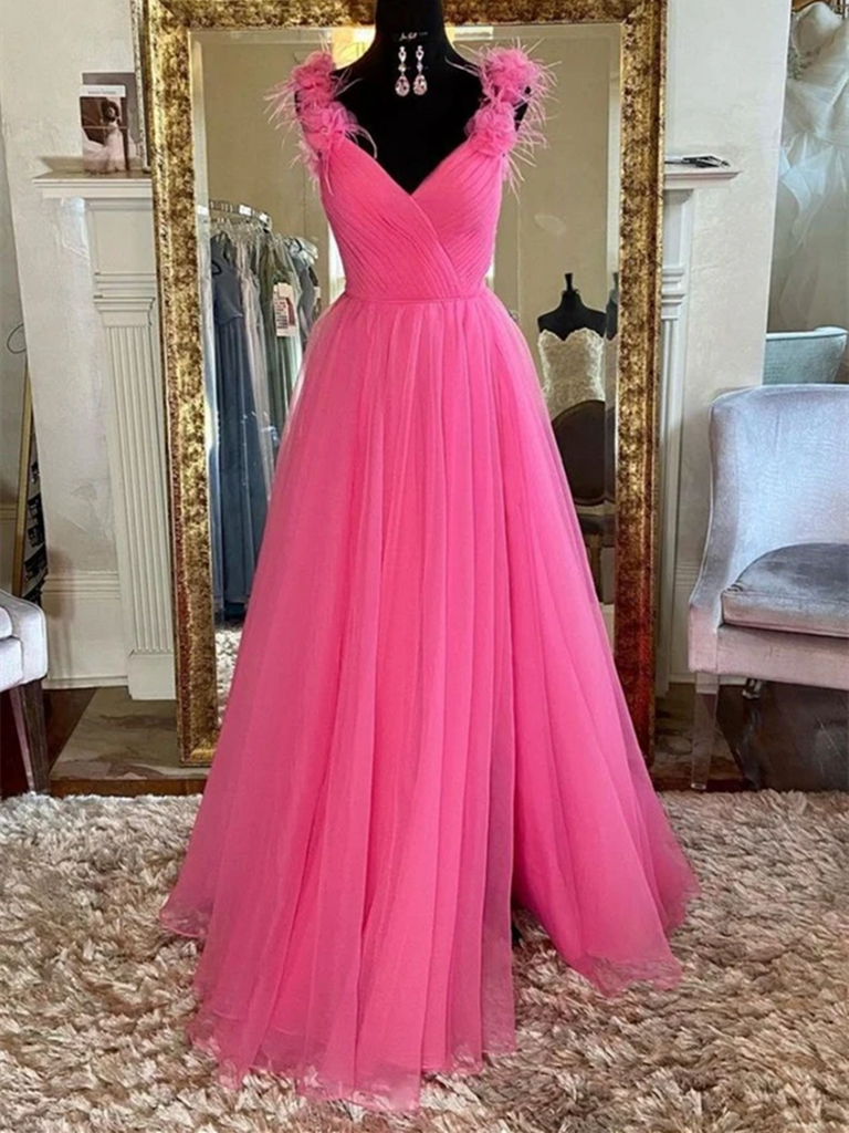 V Neck Pink Tulle Long Prom Dresses, V Neck Pink Tulle Long Formal Evening Dresses