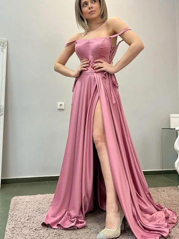 Simple A Line Backless Pink Long Prom Dresses, Long Pink Formal Evening Dresses