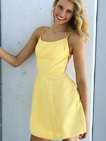 Short Backless Yellow Prom Homecoming Dresses, Open Back Yellow Formal Graduation Evening Dresses