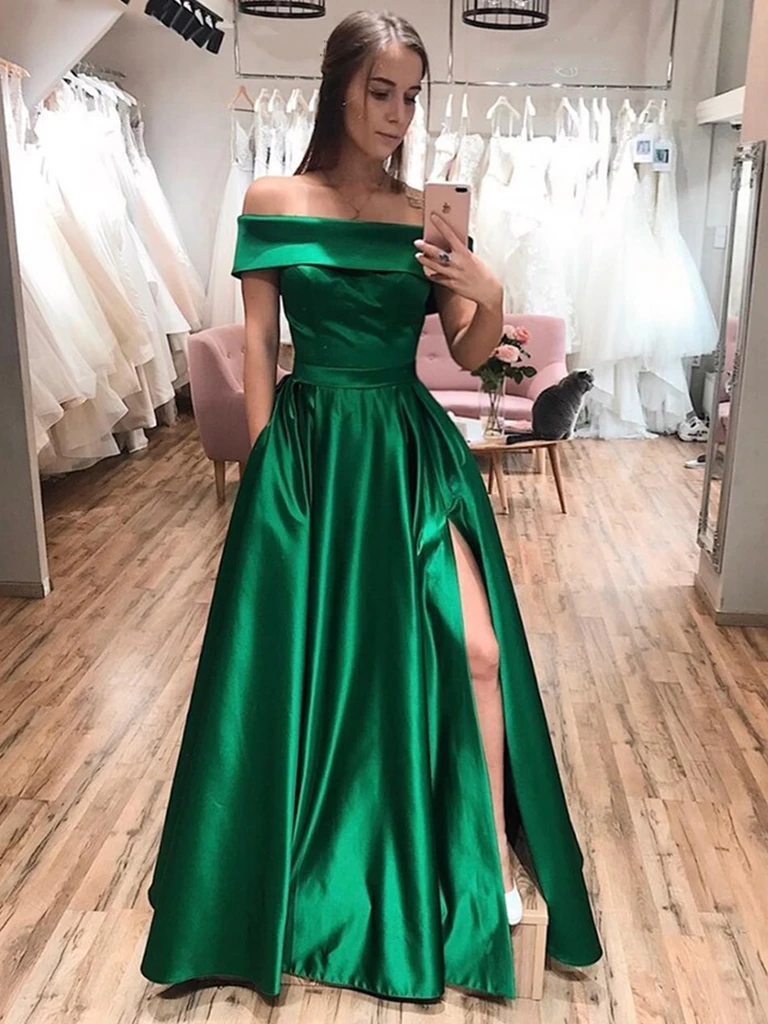 Off The Shoulder Green Satin Long Prom Dresses with Leg Slit, Off Shoulder Green Formal Evening Graduation Dresses 2020
