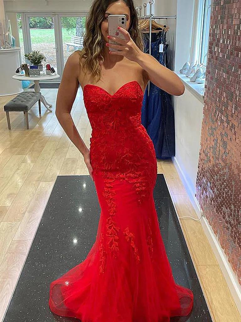 Strapless Red Mermaid Lace Long Prom Dresses, Red Mermaid Lace Formal Evening Dresses