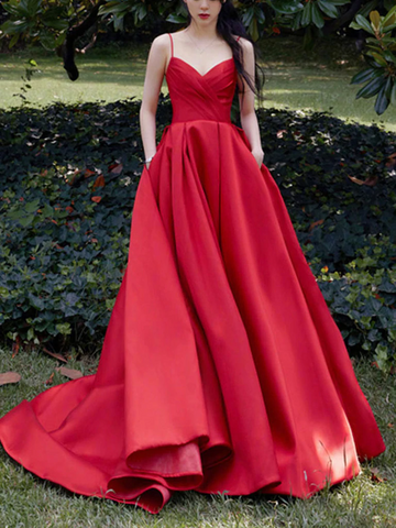 Spaghetti Straps V Neck Red Satin Prom Dresses, Spaghetti Straps Red V Neck Satin Long Formal Graduation Dresses