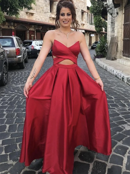 A Line Red Satin Long Prom Dresses, A Line Red Satin Long Formal Evening Dresses