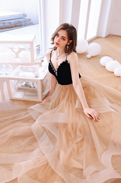 A Line Champagne Tulle Long Prom Evening Dresses, A Line Champagne Tulle Long Formal Dresses