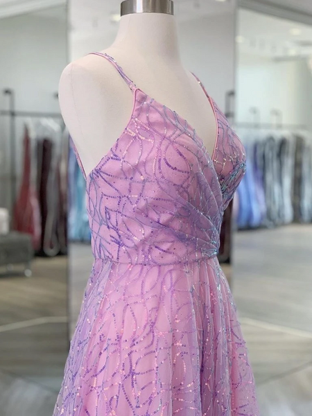 Shiny V Neck Open Back Lilac Prom Dresses with Straps, Backless Purple Formal Evening Dresses