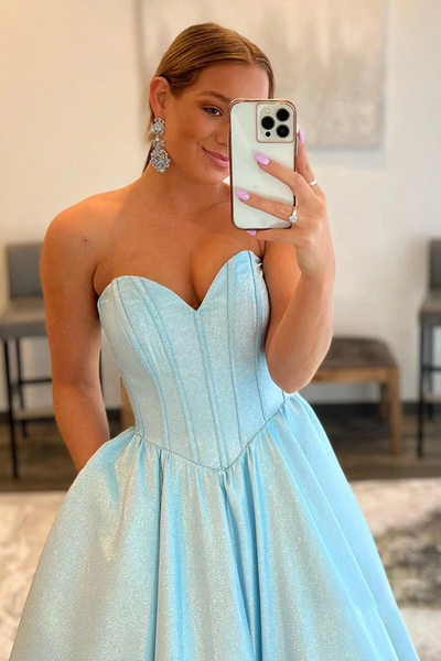 A Line Sweetheart Strapless Blue Long Prom Dresses, A Line Sweetheart Strapless Blue Long Formal Evening Dresses