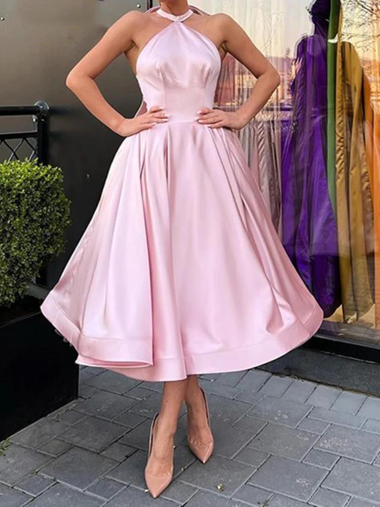Halter Neck Pink Tea Length Prom Dresses, Short Pink Satin Formal Home morievent Halter Neck Pink Tea Length Prom Dresses, Short Pink Satin Formal Home morievent