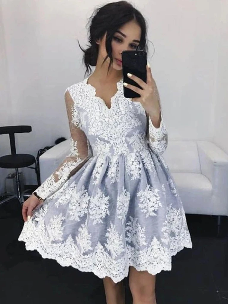 V Neck Gray Long Sleeves Short Lace Prom Dresses, Grey Lace Formal Evening Graduation Homecoming Dresses