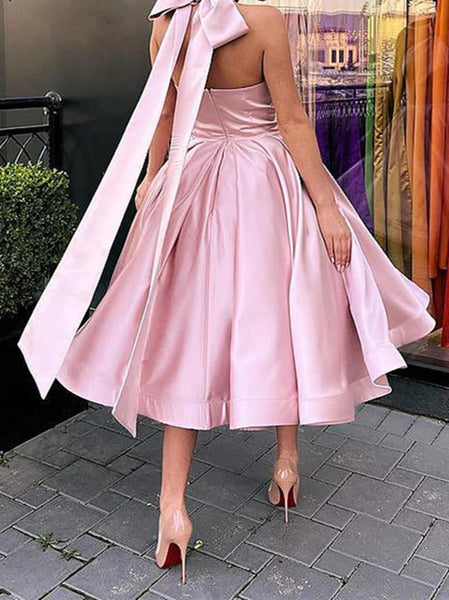 Halter Neck Pink Tea Length Prom Dresses, Short Pink Satin Formal Homecoming Dresses