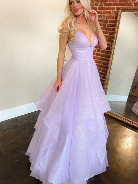 A Line V Neck Purple Tulle Long Prom Dresses, A Line V Neck Purple Tulle Long Formal Evening Dresses
