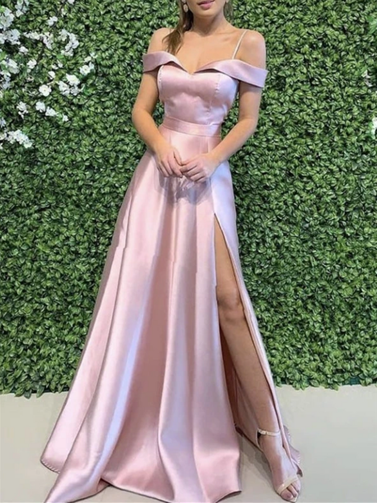 A Line Off Shoulder Pink Satin Long Prom Dresses, A Line Off The Shoulder Satin Long Formal Evening Dresses