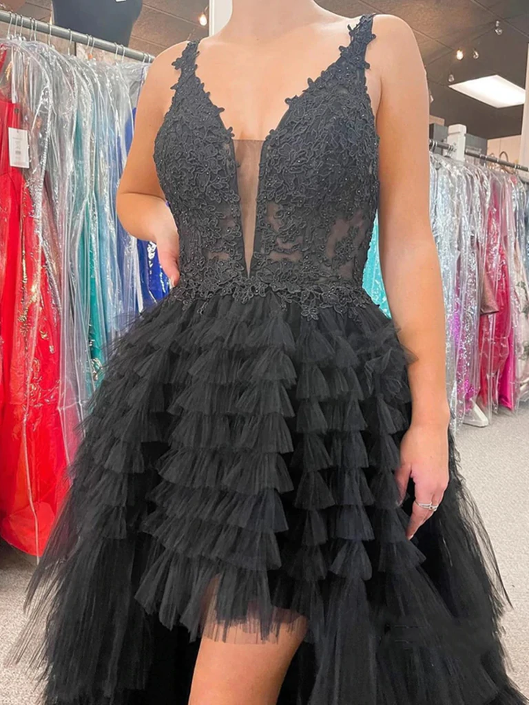 V Neck Backless High Low Beaded Black Lace Long Prom Dresses, Backless morievent V Neck Backless High Low Beaded Black Lace Long Prom Dresses, Backless morievent