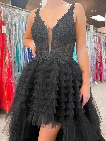 V Neck Backless High Low Beaded Black Lace Long Prom Dresses, Backless Black Formal Dresses, Black Lace Evening Dresses