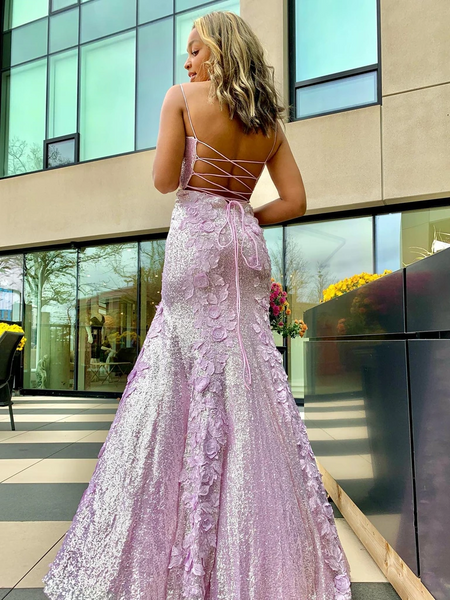Sweetheart Neck Backless Mermaid Purple Long Prom Dresses, Mermaid Purple Lace Formal Graduation Evening Dresses