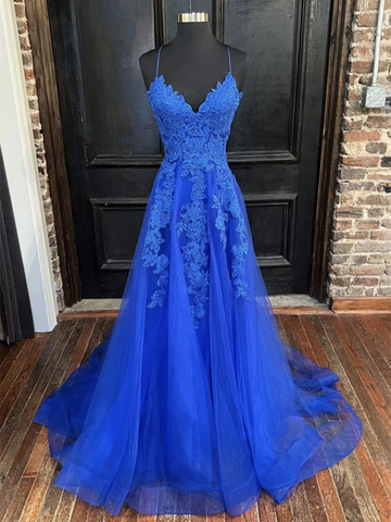 V Neck Blue Tulle Lace Long Prom Dresses, V Neck Blue Tulle Lace Long Formal Dresses