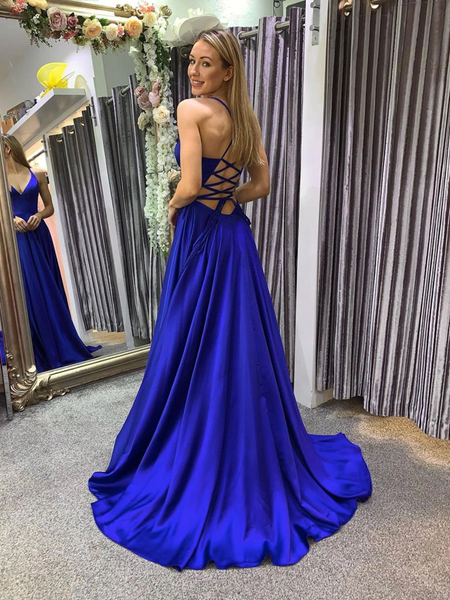 Simple A line V Neck Blue Backless Long Prom Dresses, Blue Long Formal Evening Dresses