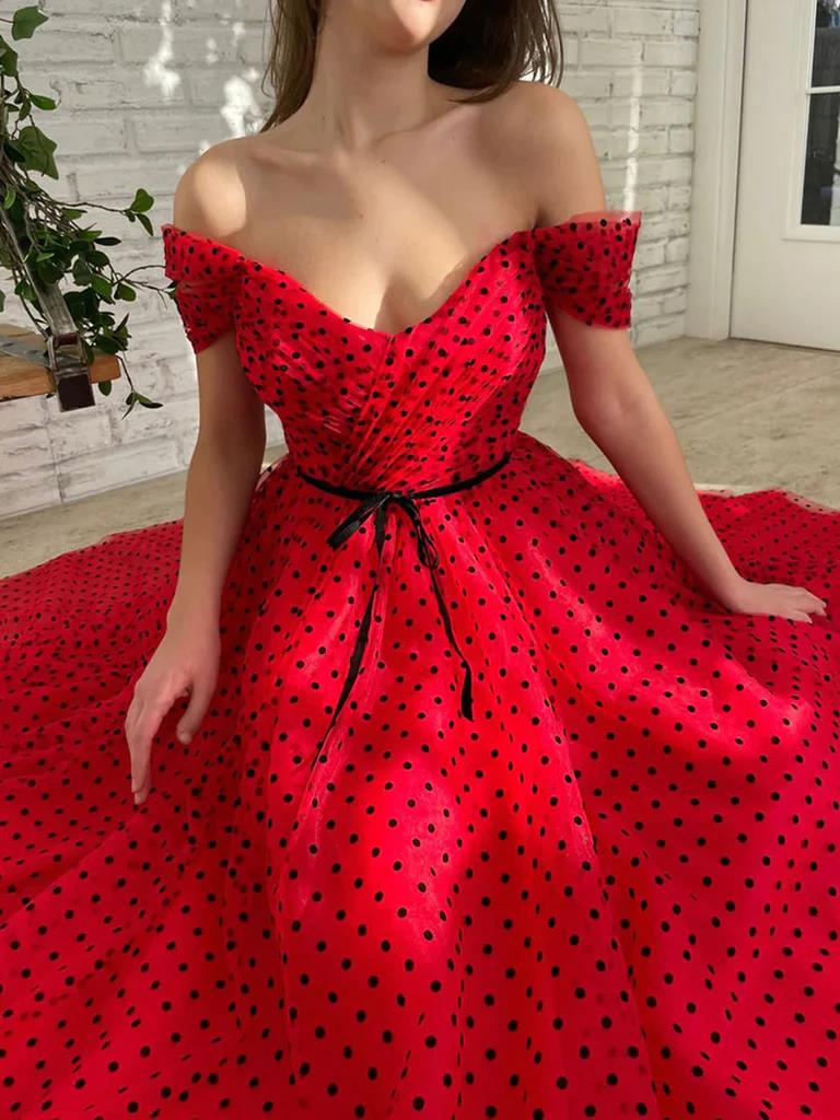 Off the Shoulder Tea Length Red Tulle Prom Dresses, Red Tea Length For morievent Off the Shoulder Tea Length Red Tulle Prom Dresses, Red Tea Length For morievent