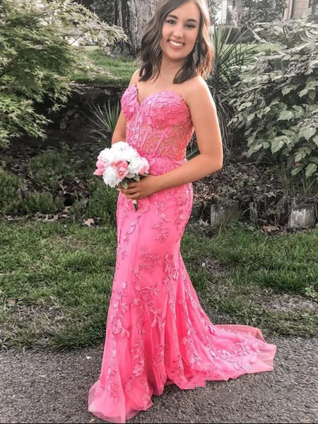 Strapless Sweetheart Neck Mermaid Hot Pink Lace Floral Long Prom Dresses, Mermaid Hot Pink Formal Dresses, Hot Pink Lace Evening Dresses