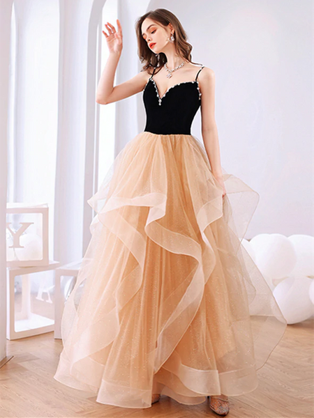 A Line Champagne Tulle Long Prom Evening Dresses, A Line Champagne Tulle Long Formal Dresses