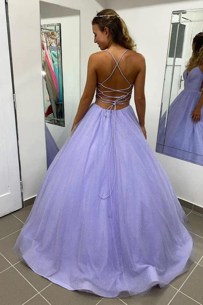 Purple V Neck Tulle Long Backless Prom Dresses, Purple V Neck Tulle Long Backless Formal Evening Dresses