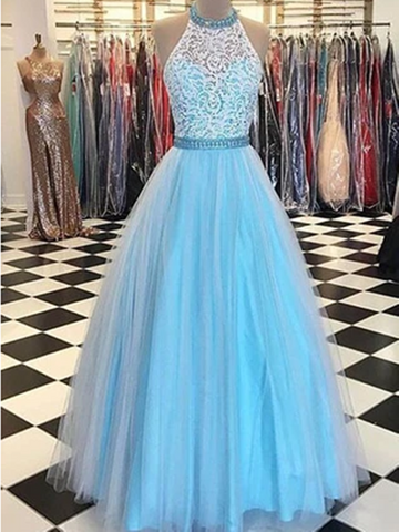A Line Blue Halter Neck Lace Tulle Long Prom Gown,Long Tulle Sleeveless Formal Evening Dresses