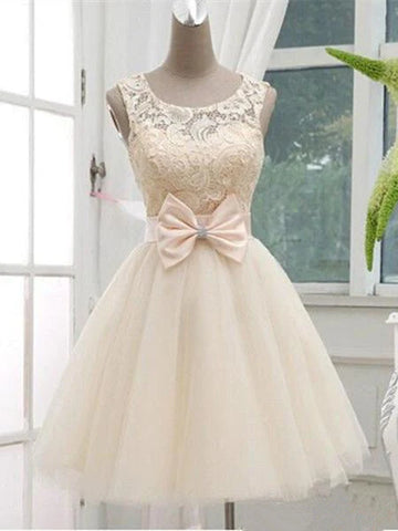 Round Neck Champagne Lace Cap Sleeves Backless Long Prom Dresses, Lace –  morievent