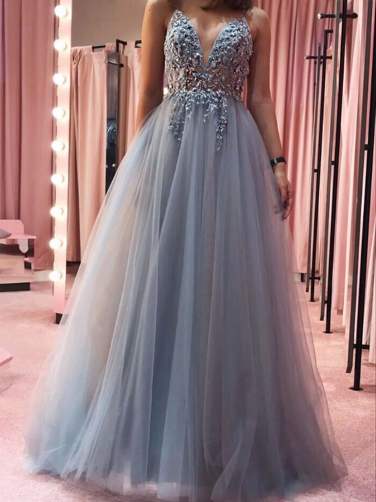 grey v neck prom dress Gray V Neck Tulle Beads Long Prom Dress, Gray Tulle Evening Dress US 12 / Custom Color