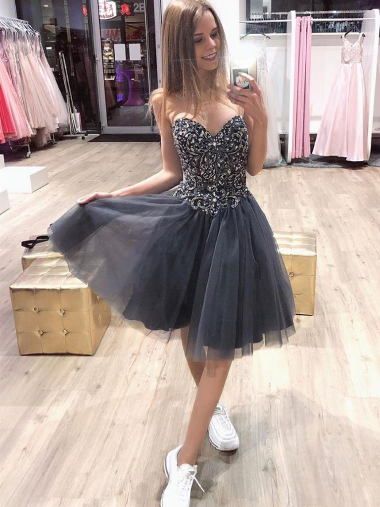 Gray Sweetheart Neck Tulle Beads Short Prom Dress, Gray Sweetheart Nec morievent Gray Sweetheart Neck Tulle Beads Short Prom Dress, Gray Sweetheart Nec morievent