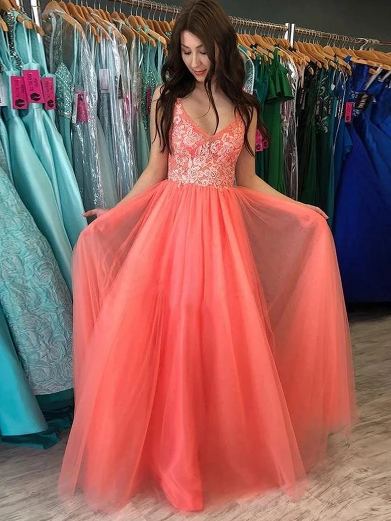 A Line V Neck Backless Coral Lace Long Prom Dresses Open Back Coral L morievent