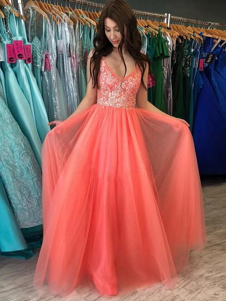 A Line V Neck Backless Coral Lace Long Prom Dresses, Open Back Coral Lace Long Formal Evening Dresses