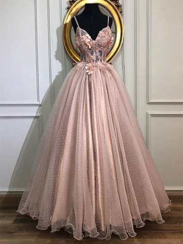 Pink Beaded Sweetheart Neck  Tulle Lace Long Prom Dresses, Pink Tulle Lace Formal Evening Dresses