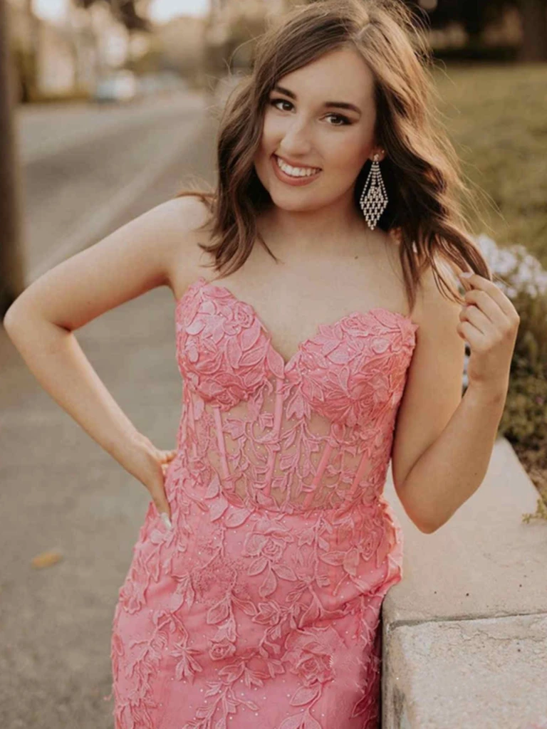 Strapless Sweetheart Neck Mermaid Hot Pink Lace Floral Long Prom Dress morievent Strapless Sweetheart Neck Mermaid Hot Pink Lace Floral Long Prom Dress morievent