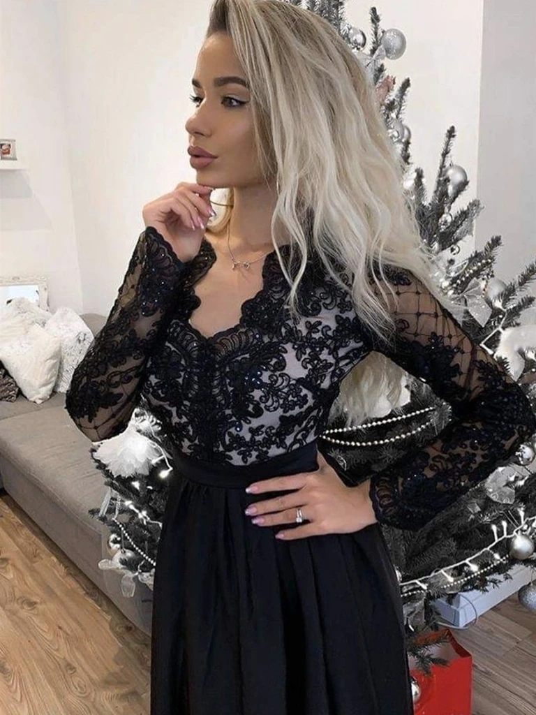 Black lace long sales sleeve formal dress