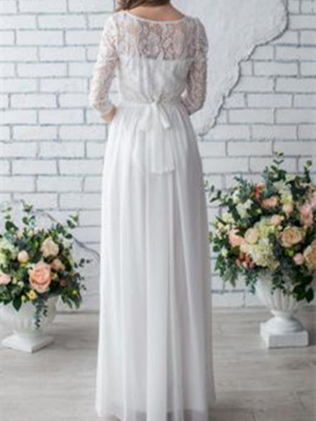 Round Neck White Lace Long Half Sleeves Chiffon Wedding Dress,Lace Half Sleeves Bridal Dress 