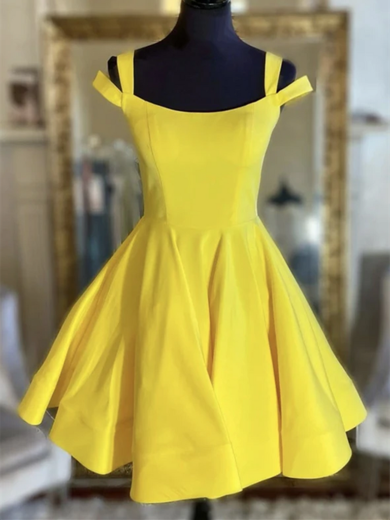 Short Yellow Satin Prom Dresses, Yellow Short Satin Homecoming Dresses, Satin Yellow Short Formal Evening Dresses