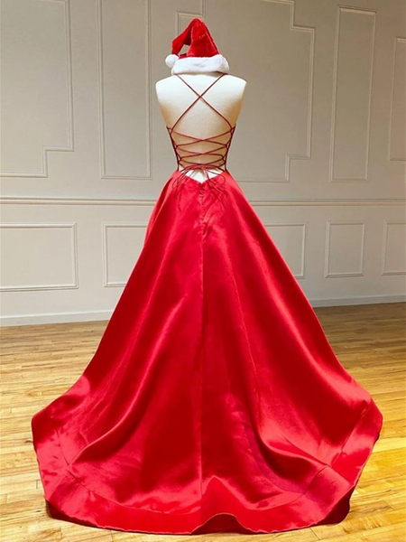 Red V Neck Backless Long Prom Dresses, Red Open Back Formal Graduation Evening Dresses