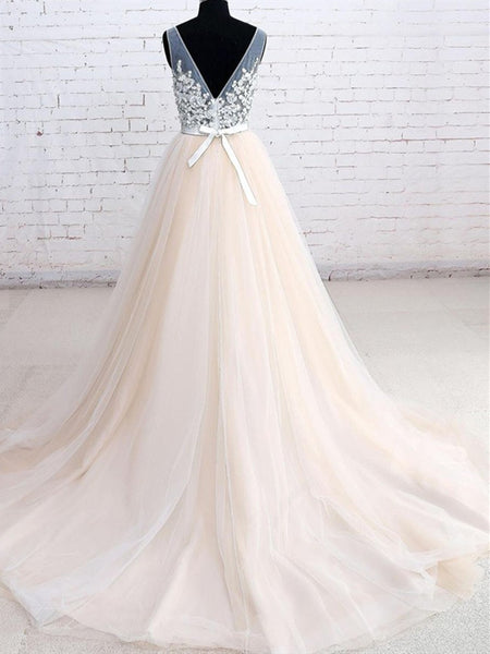 V Neck White And Champagne Tulle Floral Ball Gown Prom Dress, White And Champagne Formal Evening Dress