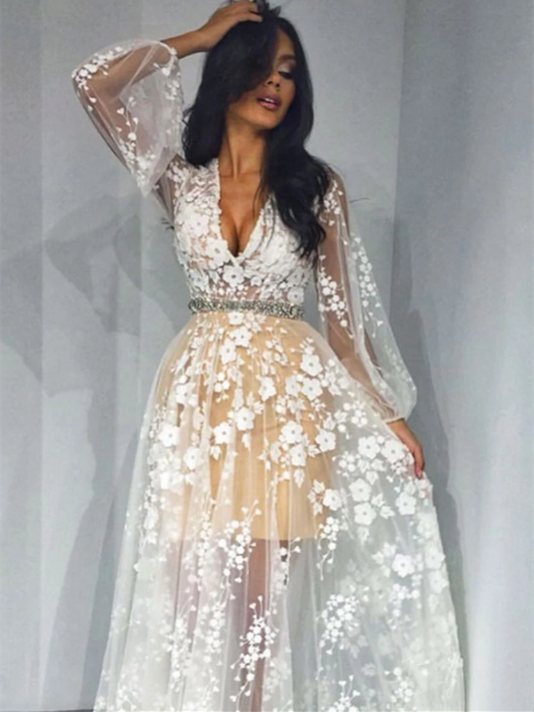 Unique Champagne Tulle White Applique Long Prom Dress, Long Sleeves Tulle White Applique Long Evening Dress