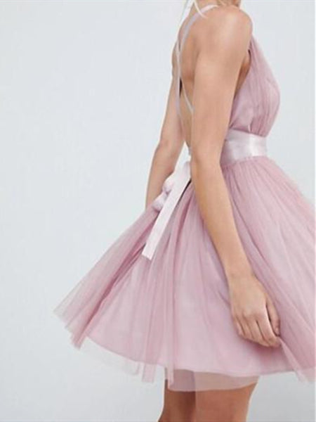 V Neck Short Tulle Prom Dresses, Short Formal Homecoming Graduation Dresses  