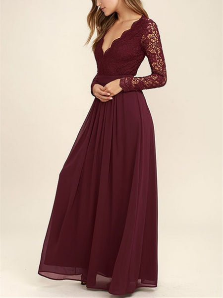 Dark Burgundy Lace Long Sleeves V Neck Bridesmaid Dress, Burgundy Lace  Long Prom Dress, Backless Evening Dress 