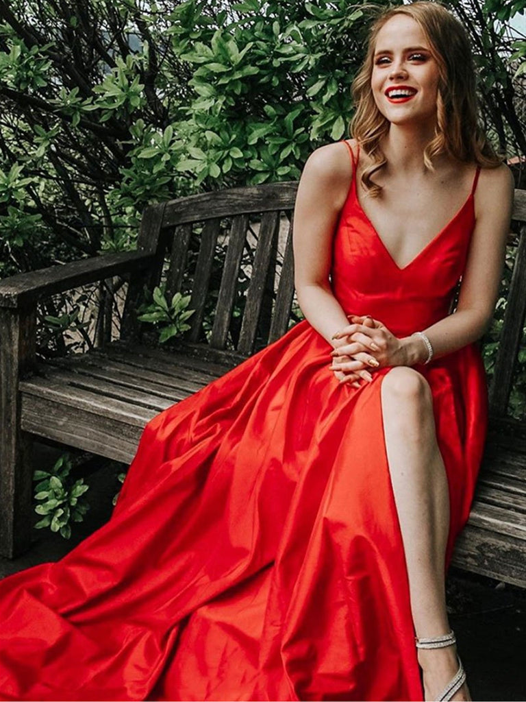 V Neck Red Satin Long Prom Dress With Leg Slit, V Neck Red Satin Long Formal Evening Dress